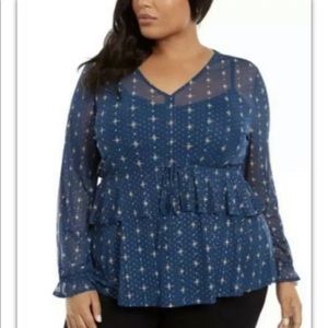 Style & Co Blue Print Blouse Top 2X V-Neck Long Sleeve Ruffle Sheer W/ Cami $59